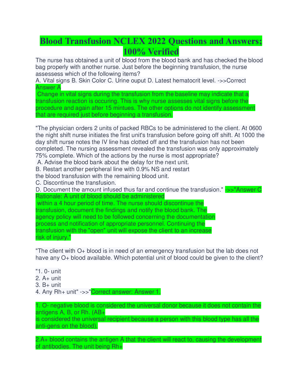 Preview image for Blood Transfusion NCLEX 2022 Questions and Answers; 100% Verified. Graded A